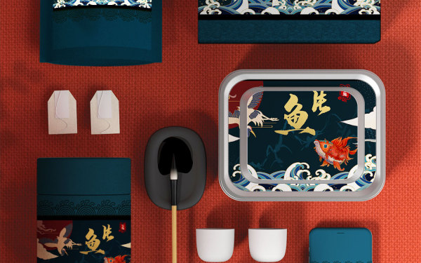 中国风国潮手绘插画鱼片高端食品包装设计