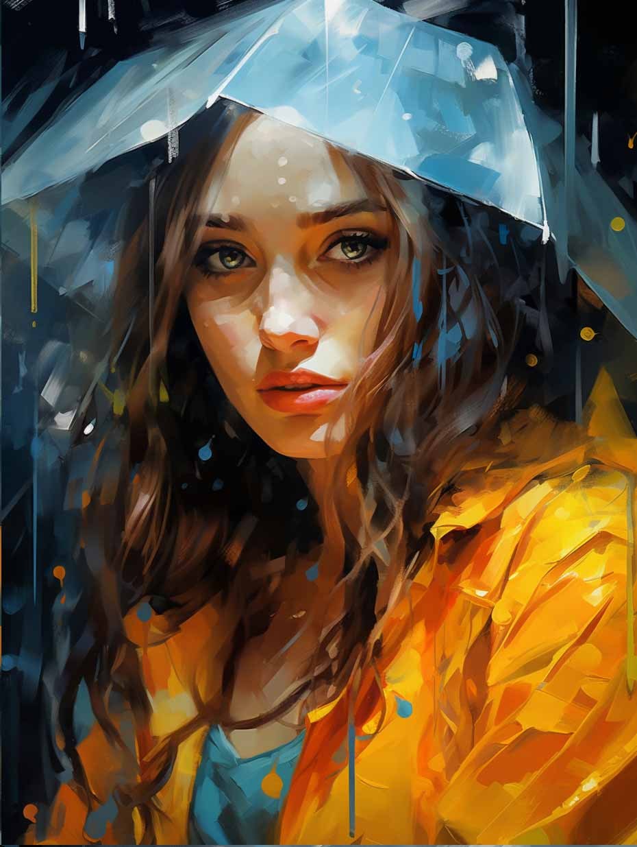 雨让女孩看起来很漂亮，深青色和黄色的风格图0