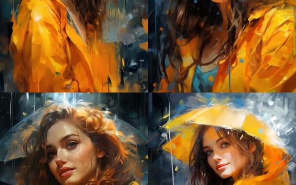 雨让女孩看起来很漂亮，深青色和黄色的风格