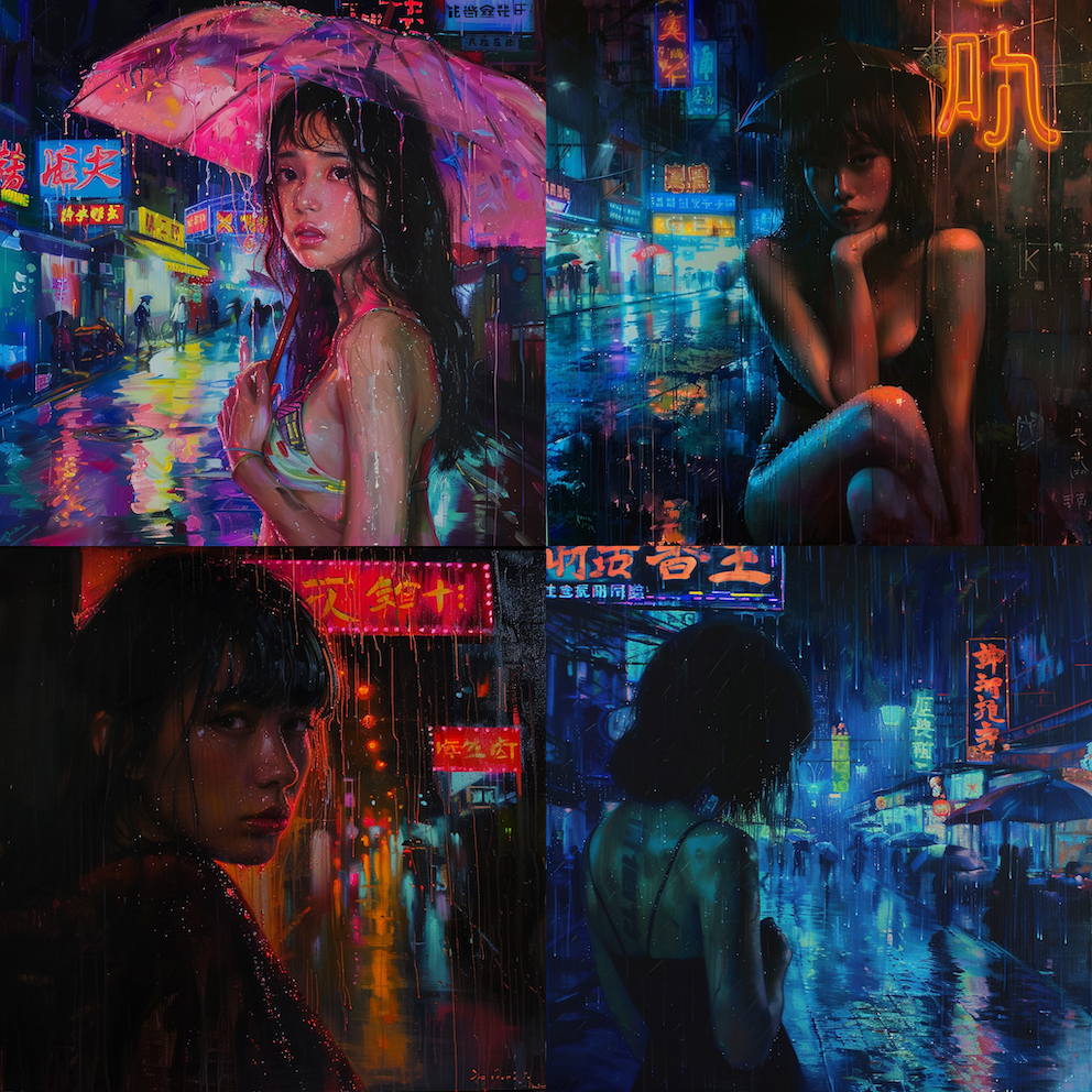 轻奢酒吧- Ai设计莫奈及王家卫画风的霓虹雨夜装饰画图6